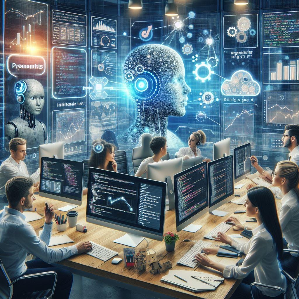 The image showcases a modern workplace environment where humans and AI technology coexist harmoniously. In the foreground, diverse professionals engage in collaborative discussions and problem-solving activities, symbolizing the human element of work. Meanwhile, in the background, AI-powered tools and interfaces seamlessly integrate into the workflow, assisting with data analysis, automation, and decision-making processes.